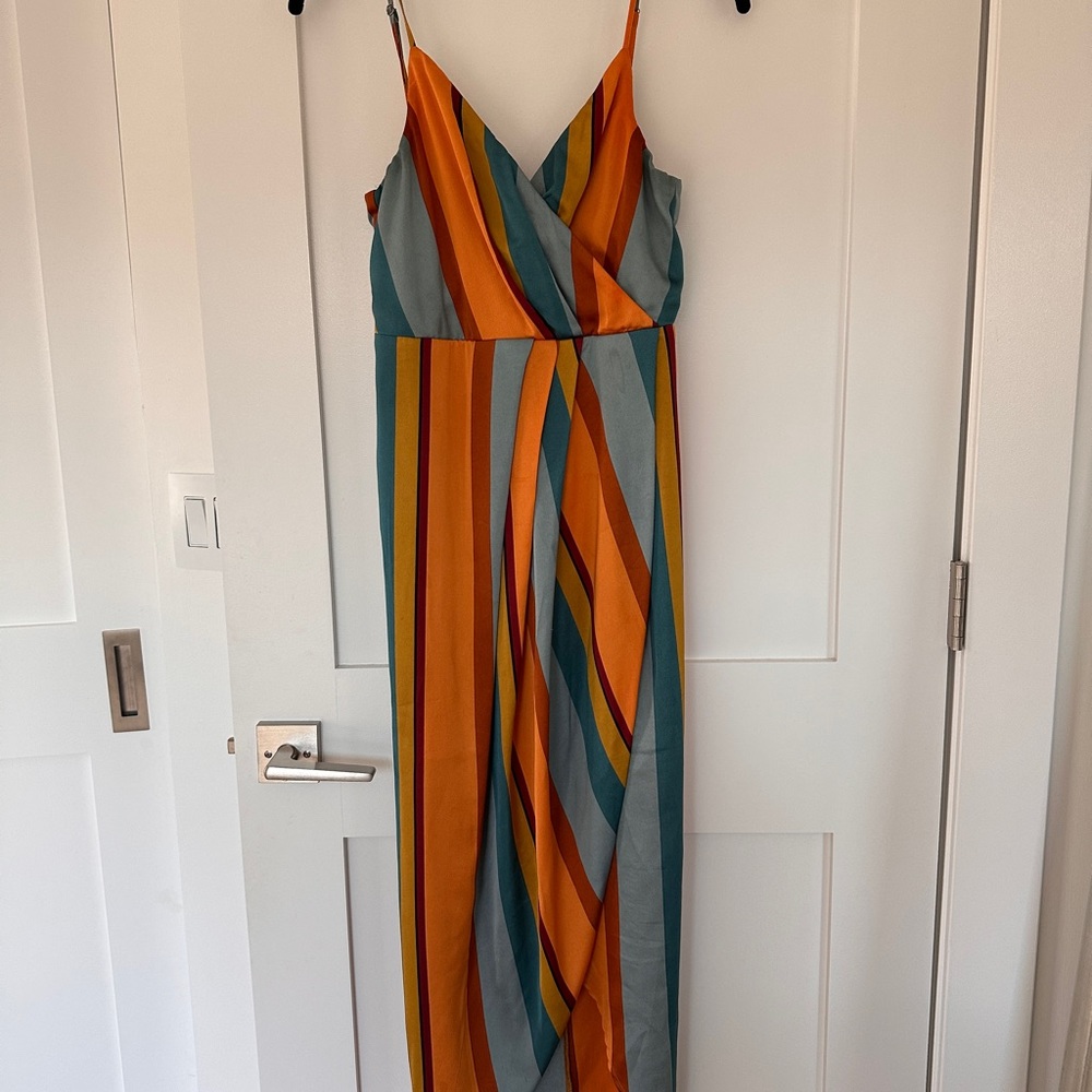 Jovi Orange Multi Striped Satin High-Low Midi Dress lulus